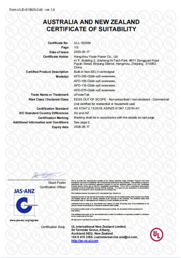 uPowerTek APD Series 25-200W D4i LED Driver RCM Certified - uPowerTek