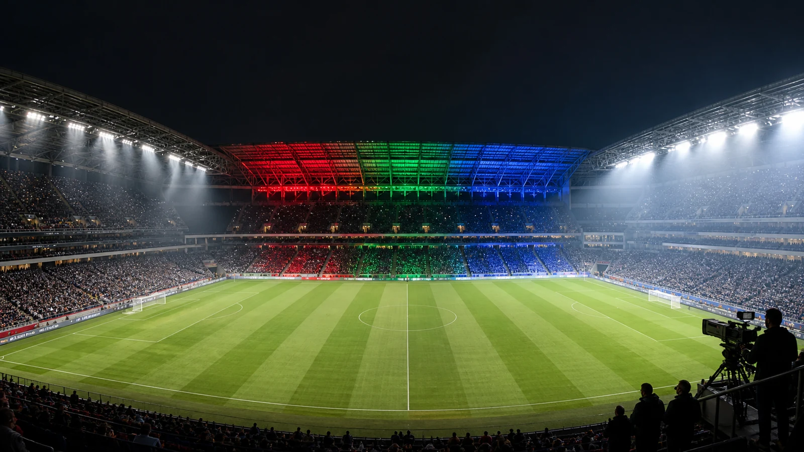 Sports stadium shown in match, RGBW show and broadcast lighting modes